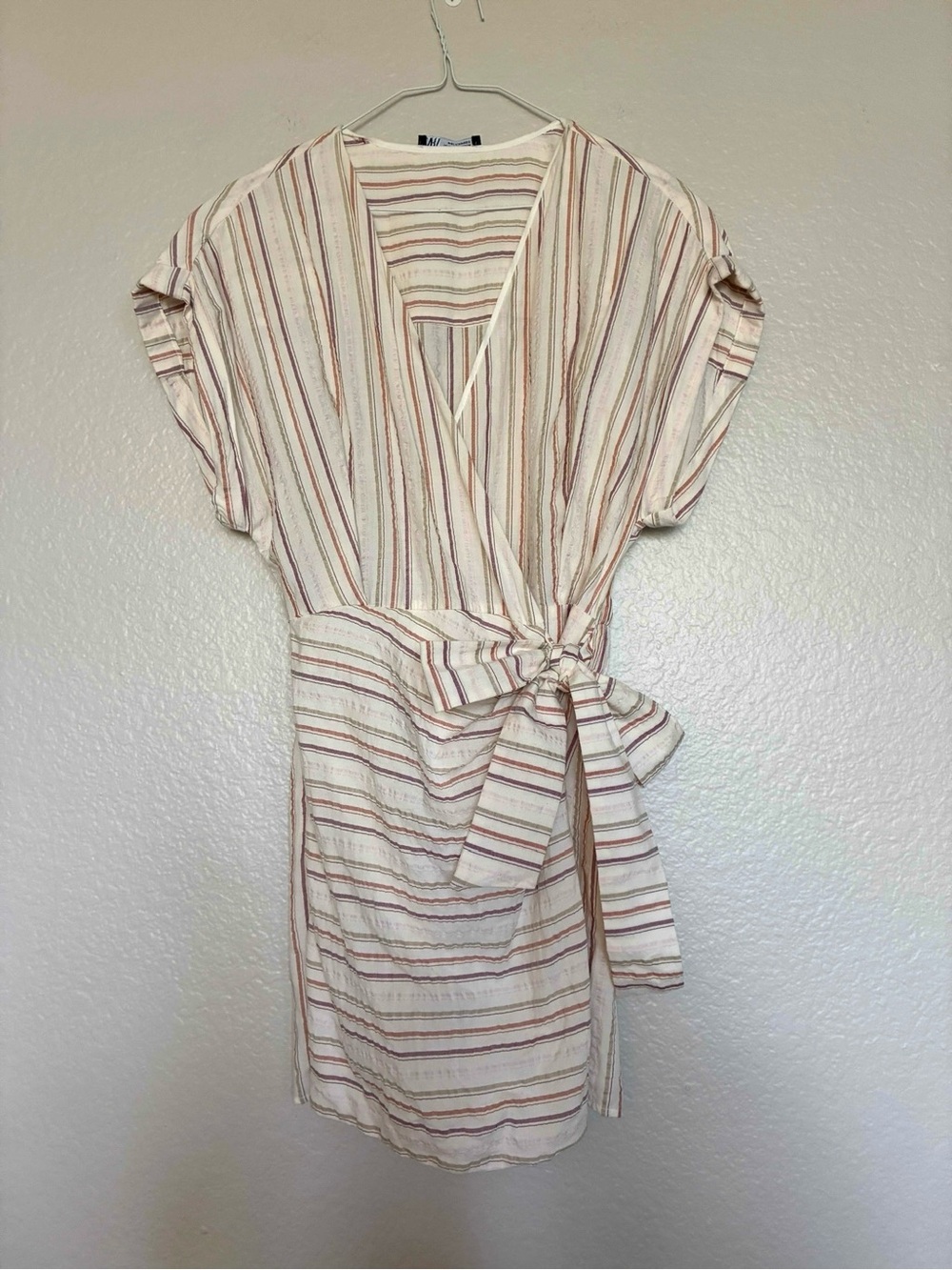 Zara Striped Wrap Skort Romper Short Sleeve Cream Earth Tone Purple Multi Size S